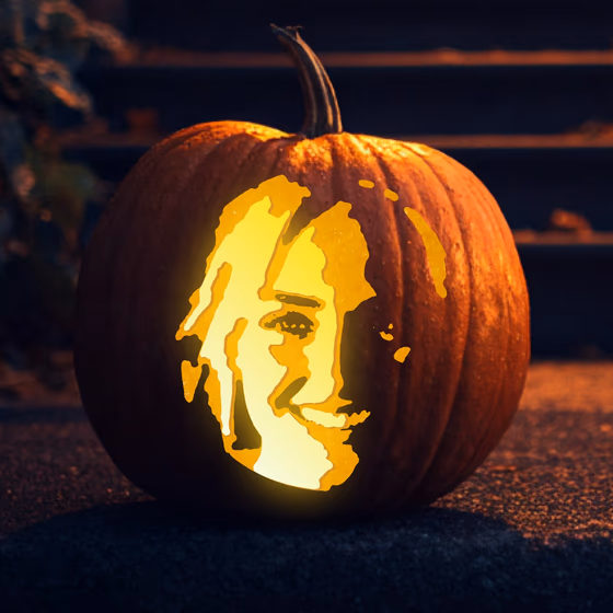 Mockup of a smiling woman pumpkin carving