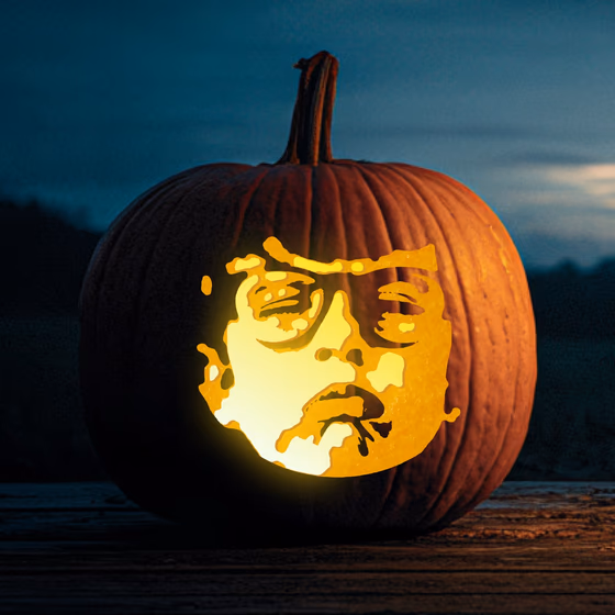 Mockup of a kid in glasses pumpkin carving