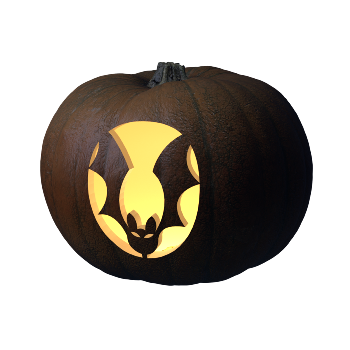 Bat stencil, 3D preview of a carved pumpkin lit by a candle
