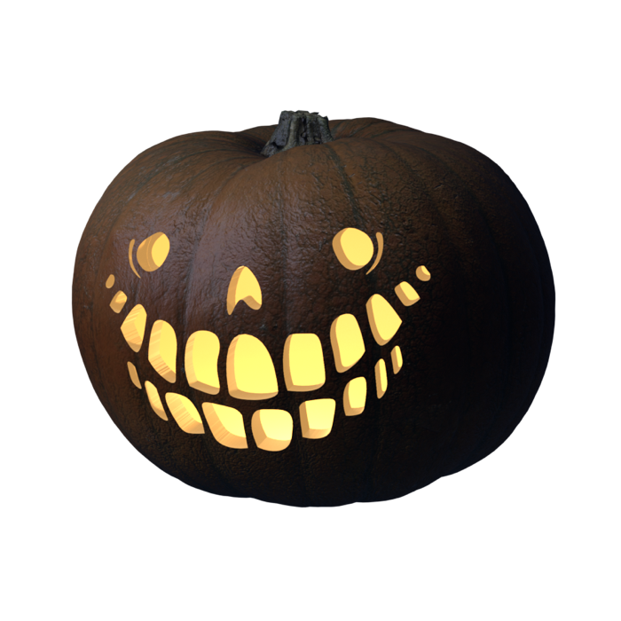 Ghoulish Grin stencil, 3D preview of a carved pumpkin lit by a candle