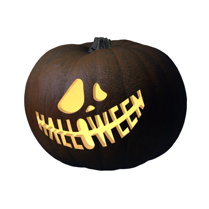 Halloween Grin stencil, 3D preview of a carved pumpkin lit by a candle