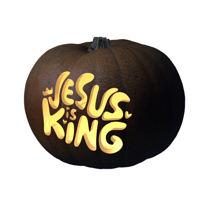 Jesus Is King stencil, 3D preview of a carved pumpkin lit by a candle