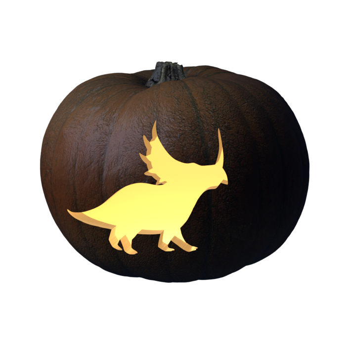 Styracosaurus Dinosaur stencil, 3D preview of a carved pumpkin lit by a candle