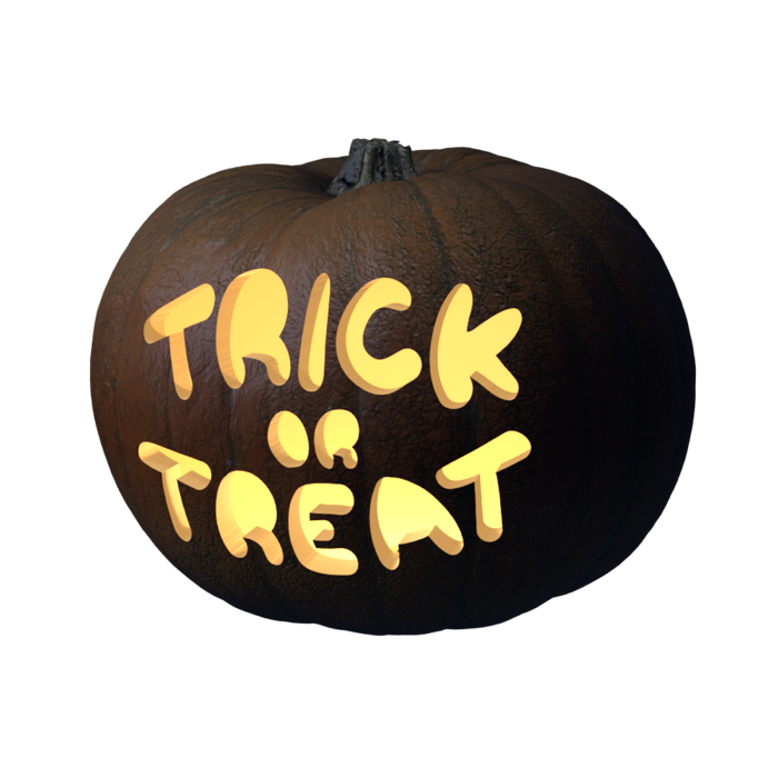 Trick or Treat stencil, 3D preview of a carved pumpkin lit by a candle