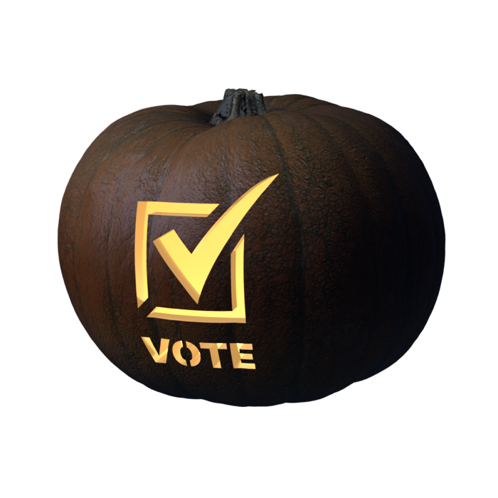 Vote stencil, 3D preview of a carved pumpkin lit by a candle
