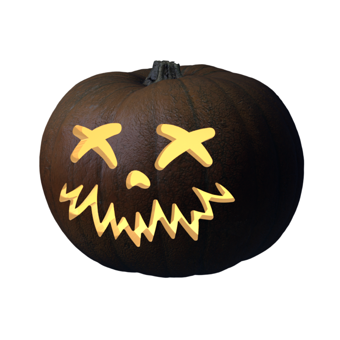 Wacky Jack stencil, 3D preview of a carved pumpkin lit by a candle