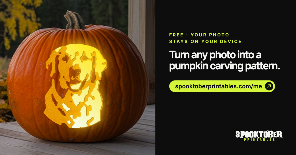 Pumpkinize Me: turn a photo into a printable pumpkin carving pattern, free, runs in your browser