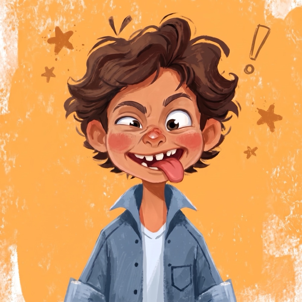 A person pulling a big exaggerated grin with their eyebrows raised high
